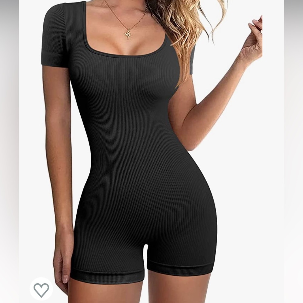Womens Square Neck Ribbed Romper Unitard Bodycon Athletic Jumpsuit